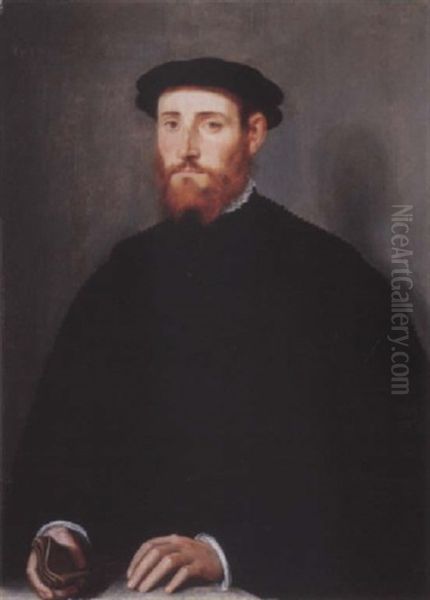Portrait Of A Man, Called Jacobus Scharon, In Black Costume And Black Hat, His Gloves In His Right Hand Oil Painting by Willem Adriaensz Key
