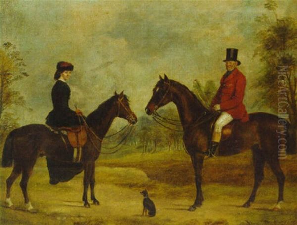 William Pierce Hayward And His Daughter Jane Pierce Hayward On Their Hunters In A Wooded Landscape Oil Painting by Friedrich Wilhelm Keyl