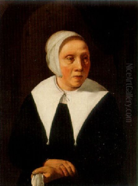 Portrait Of A Lady, Half-length, In A Dress With Collar And Headdress Oil Painting by Thomas De Keyser