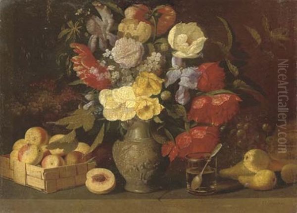 Still Life With Tulips, Carnations And Chrysanthemum In A Stoneware Jug With Peaches, Grapes And Pears On A Marble Ledge Oil Painting by Ivan Khrutsky