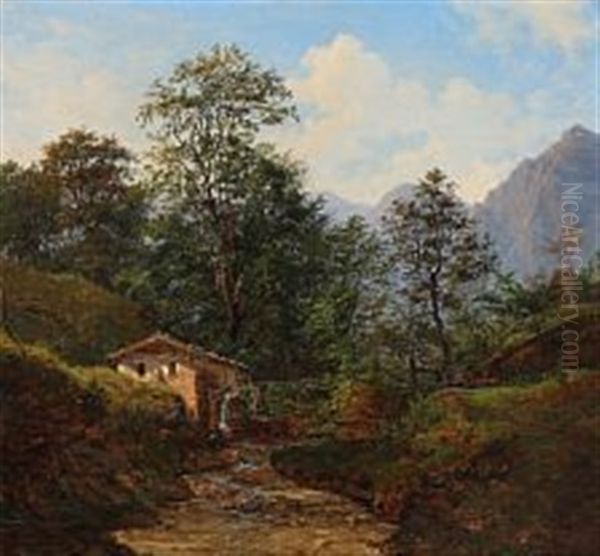 At A Watermill In An Alpine Landscape Oil Painting by Frederik Christian Jacobsen Kiaerskou