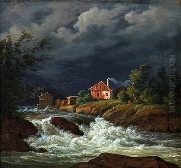 A Norwegian Sawmill Oil Painting by Frederik Christian Jacobsen Kiaerskou