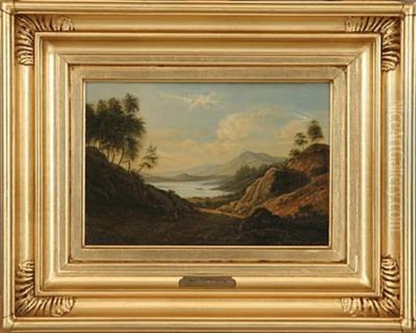 Moutain Landscape With Walking Persons Oil Painting by Frederik Christian Jacobsen Kiaerskou