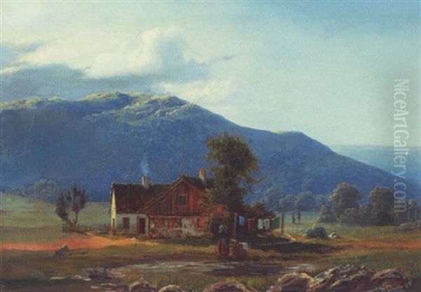 Bjerglandskab Med Hus, I Forgunden Kone Med Vasketoj Oil Painting by Frederik Christian Jacobsen Kiaerskou