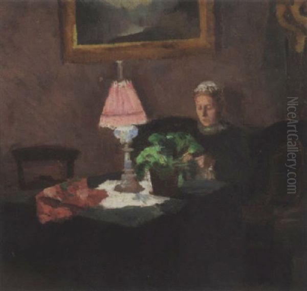 Kvinne Med Strikketoy I Sofaen Oil Painting by Kitty (Christine) Lange Kielland