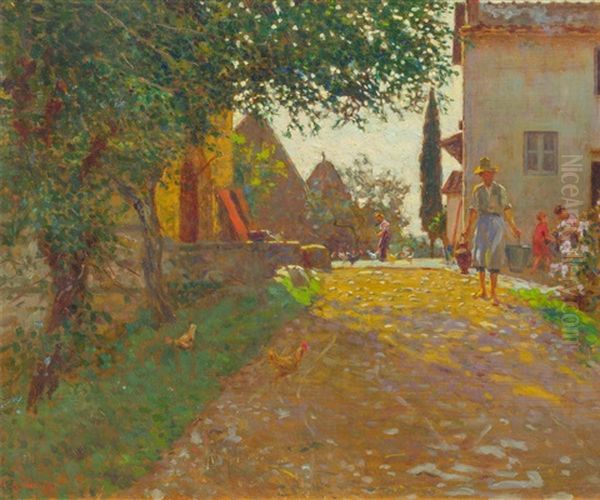 Bauernhofszene Mit Heuschober Oil Painting by Giorgio Kienerk