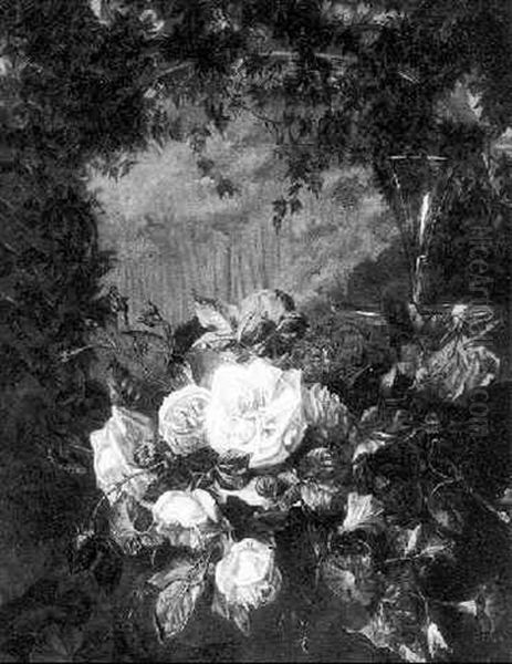 A Still Life With Roses In A Forest Oil Painting by Catharina Kiers