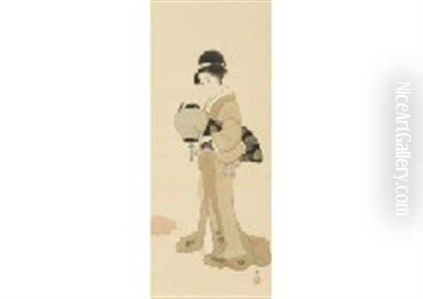 Woman With Lamp Oil Painting by Keigetsu Kikuchi