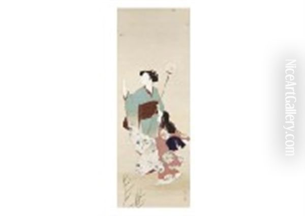 Catching Fireflies Oil Painting by Keigetsu Kikuchi