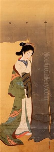 A Beauty Stepping Out From Behind A Curtain Oil Painting by Keigetsu Kikuchi