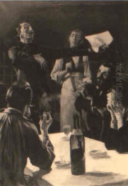 Man Reciting Poem In Darkened Restaurant Oil Painting by Alonzo Kimball