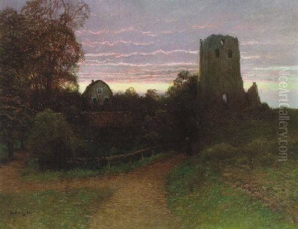 Skymningslandskap Med Ruin - Motiv Fran Sigtuna Oil Painting by Johan Kindborg