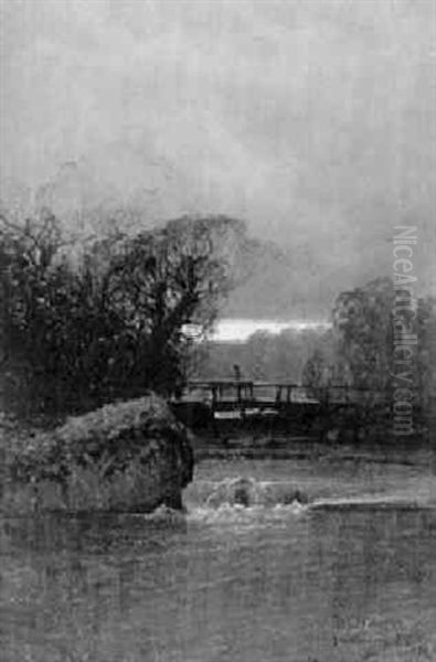 Metande Pojke Pa Bro Over A Oil Painting by Johan Kindborg