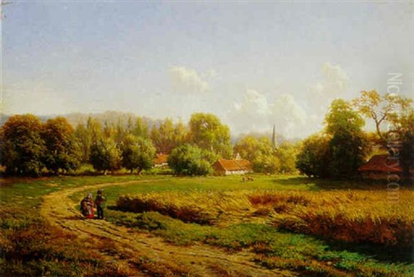 Figures Walking In A Summer Landscape Oil Painting by Jean Baptiste Kindermans