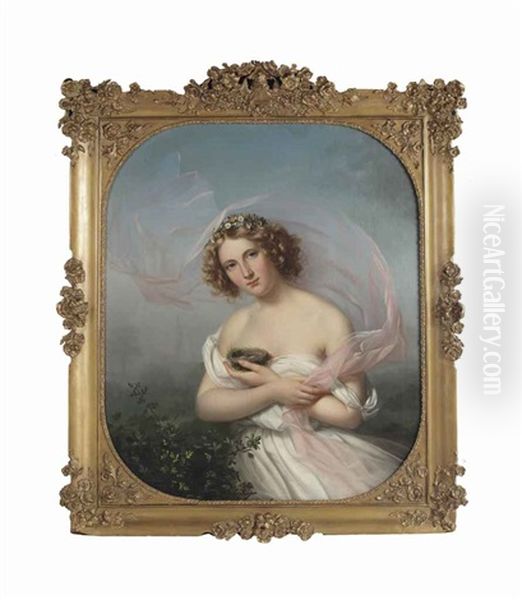 A Young Girl In A White Dress With A Pink Veil And Flowers In Her Hair, Holding A Bird's Nest With Two Eggs Oil Painting by Marie Adelaide (Adele) Kindt