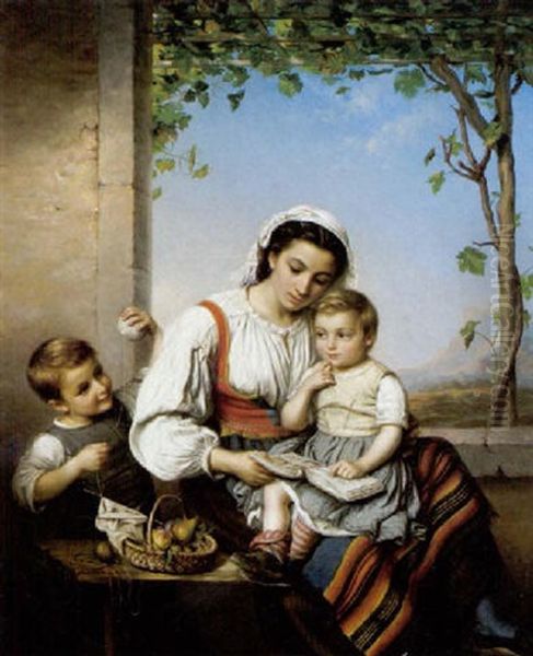 Junge Italienerin Mit Zwei Kindern Oil Painting by Marie Adelaide (Adele) Kindt