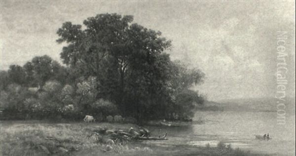Cows At River Edge With Boatsman Oil Painting by George W. King