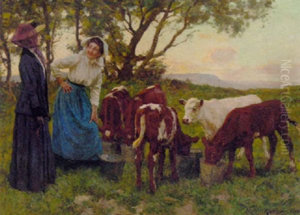 Feeding The Calves Oil Painting by Gunning King