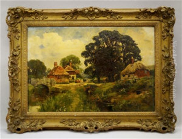 Figure On A Stone Bridge With Cattle, Cottages And Woodland Oil Painting by Henry John Yeend King