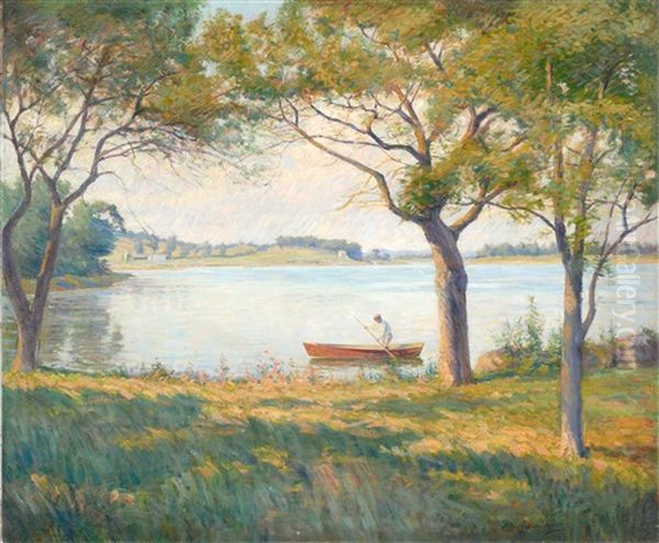A Lone Boater On A Tree-lined Pond Oil Painting by Edward Reynolds Kingsbury