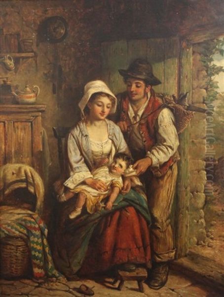 The Labourer's Return; Cottage Interior With Young Family Oil Painting by Frederick Gerald Kinnaird