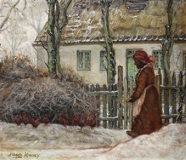 Clementine Hunter Feeding Her Chickens In The Snow Oil Painting by Alberta Kinsey