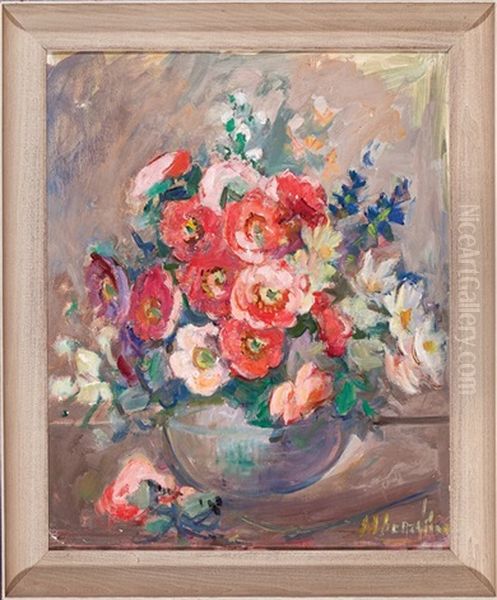 Still Life Of Full Blown Roses, Delphinium And Daisies Oil Painting by Alberta Kinsey