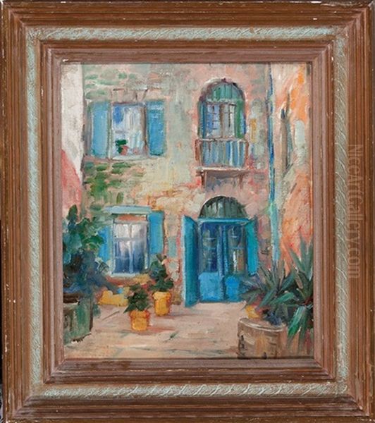 French Quarter Courtyard With Blue Shutters Oil Painting by Alberta Kinsey