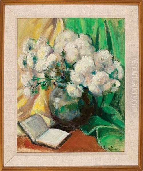 Still Life Of Chrysanthemums And A Book (still Life Of Pink Flowers En Verso) Oil Painting by Alberta Kinsey