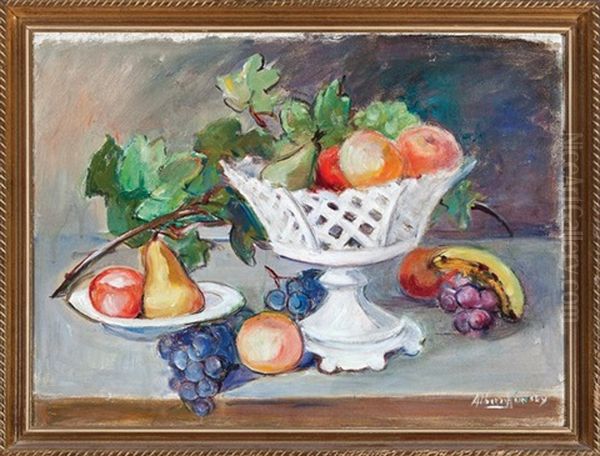 Still Life Of Compote With Pears, Grapes, Banana And Apples Oil Painting by Alberta Kinsey