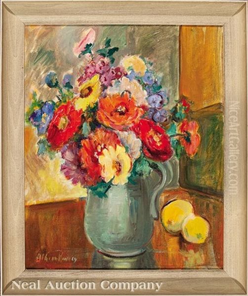Still Life Of Zinnias And Garden Roses In A Pitcher With Lemons Oil Painting by Alberta Kinsey