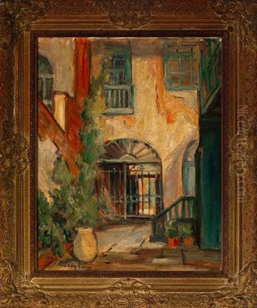 French Quater Courtyard With Arched Doorway Oil Painting by Alberta Kinsey
