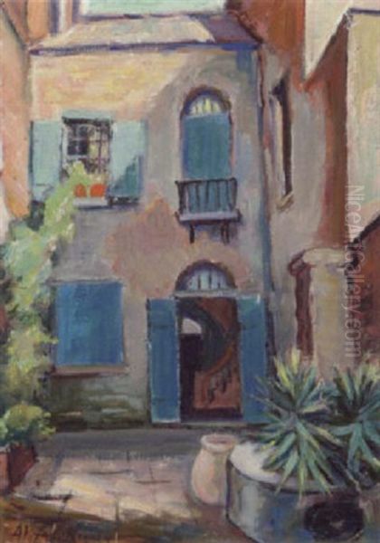 En Baggard I Sydstaterne Med Bla-gronne Skodder Og Dore Mod En Lys Husmur Oil Painting by Alberta Kinsey