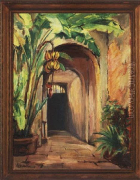 French Quarter Courtyard With Banana Tree Oil Painting by Alberta Kinsey