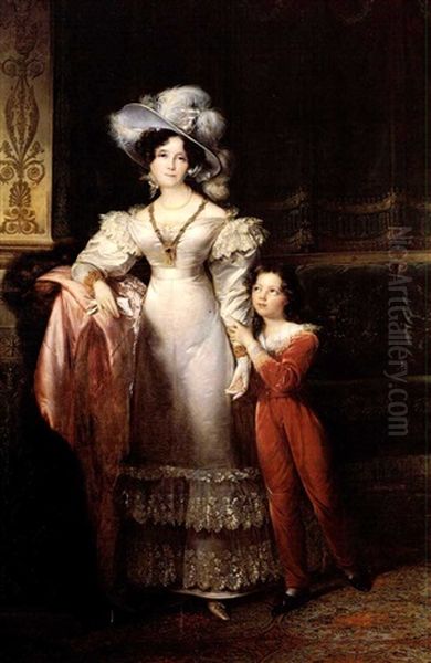 Portrait De La Duchesse De Mac-mahon De Plein Pied Avec Son Fils Oil Painting by Francois-Joseph Kinsoen