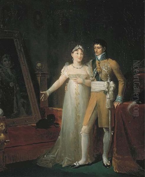 Portrait De Jerome Bonaparte, Roi De Westphalie, Et De Sa Femme La Princesse Catherine De Wurtemberg Admirant Le Portrait De L'empereur Napoleon Ier Oil Painting by Francois Josephe Kinson