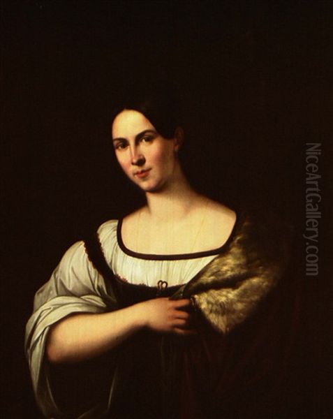 Dark Haired Beauty With Ermine Robe Oil Painting by Orest Kiprensky