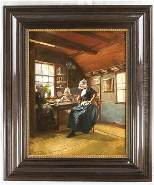 Hollandisches Stubeninterieur Mit Am Tisch Sitzenden Fischersfrauen Oil Painting by Otto Karl Kirberg