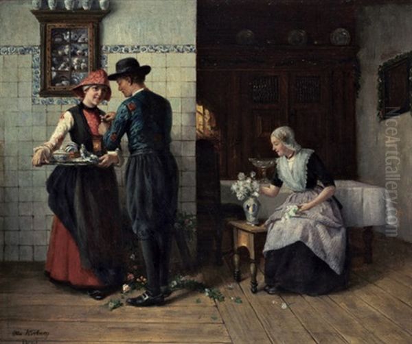 Junges Gluck - Hollandische Stube Mit Einem Jungen Mann, Der Seiner Angebeteten Eine Blume Ansteckt Oil Painting by Otto Karl Kirberg
