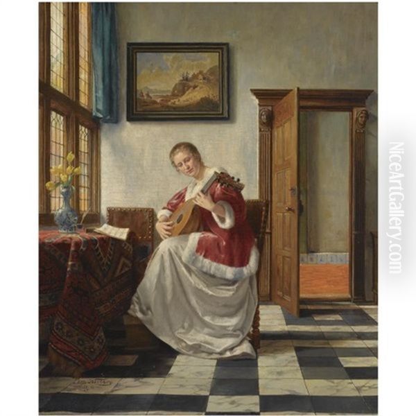 Playing The Lute Oil Painting by Otto Karl Kirberg