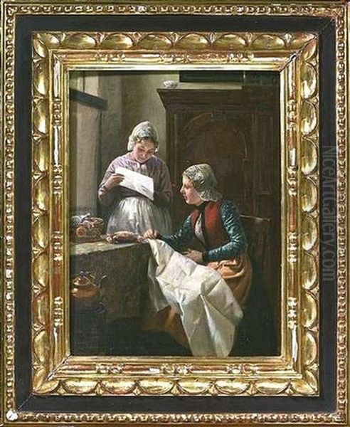 Stubeninterieur Mit Zwei Frauen, Einen Brief Lesend Oil Painting by Otto Karl Kirberg