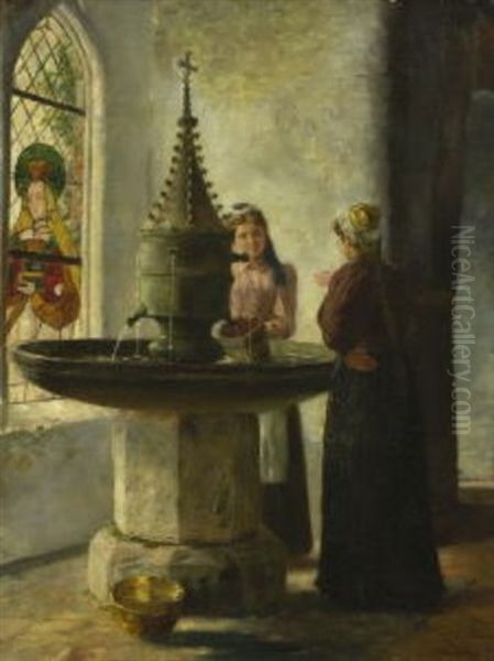 Zwei Junge Frauen Am Brunnen In Kloster Lune Oil Painting by Otto Karl Kirberg