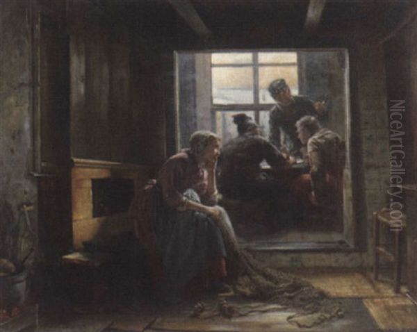 Friesische Stube: Manner Beim Kartenspiel Und Junge Frau Mit Fischernetz Oil Painting by Otto Karl Kirberg