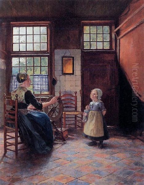 Kitchen Interior With A Mother At A Loom And A Child Holding A Doll Oil Painting by Otto Karl Kirberg