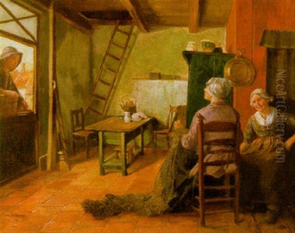 Interieur Mit Netzflickenden Fischerfrauen Oil Painting by Otto Karl Kirberg