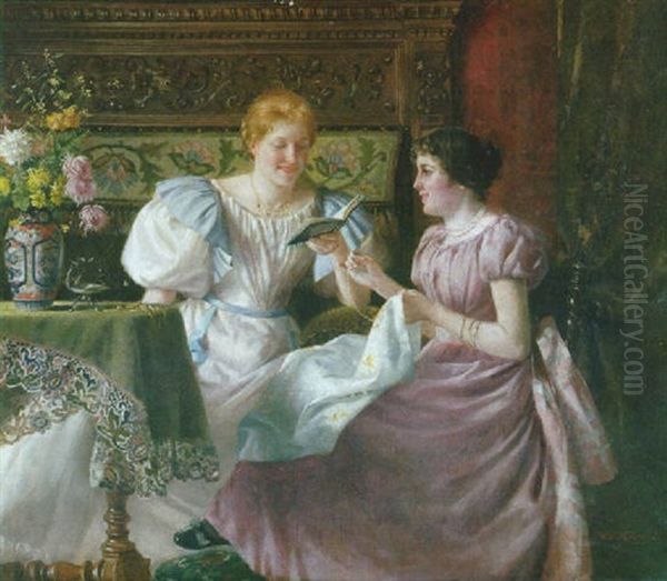 Zwei Junge Frauen Beim Lesen Und Sticken Oil Painting by Otto Karl Kirberg