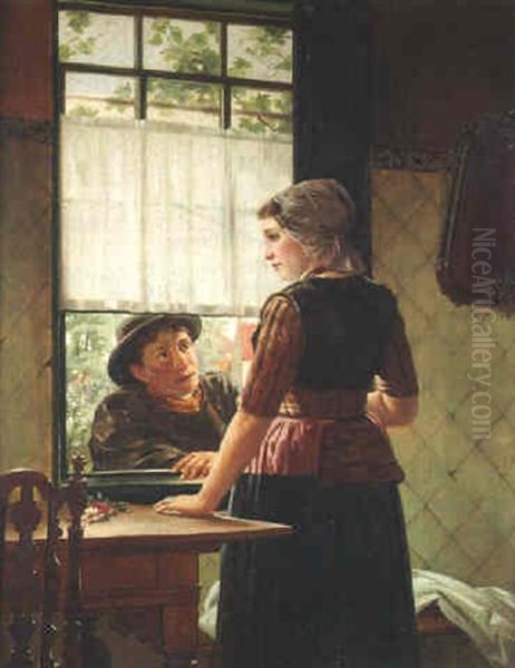 Young Lovers At A Window Oil Painting by Otto Karl Kirberg