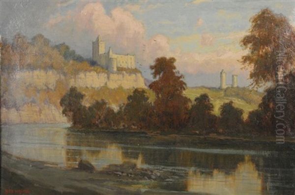 Abendfrieden. Fluslandschaft Mit Burganlage Im Abendrot Oil Painting by Alexander Kircher