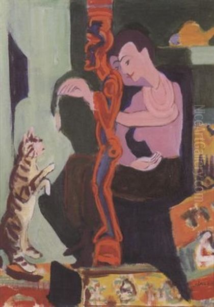 Frau Mit Katze Und Holzfigur Oil Painting by Ernst Ludwig Kirchner
