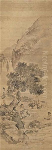 Sage Seated Under A Tree With Mountains And A Waterfall Behind Them Oil Painting by  Gantai